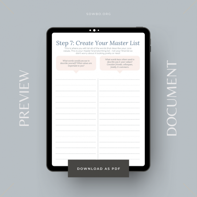 10 Step Guide to Defining Core Values | Business Printable | Core Value Worksheet PDF | Business Planning | Core Value Planner Example Page